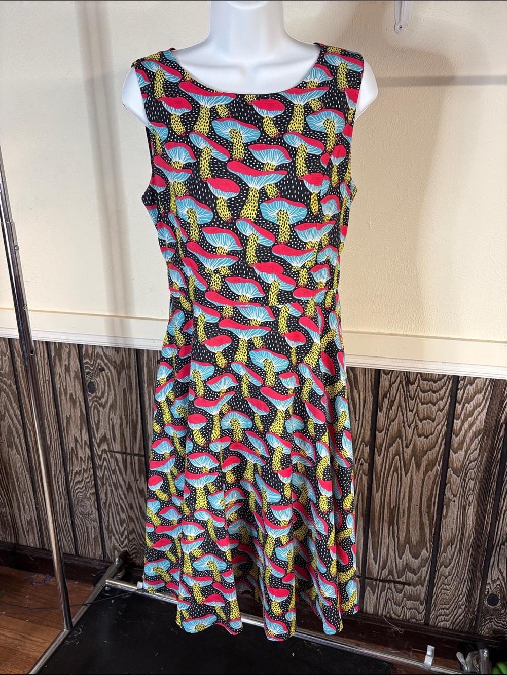 Sleeveless Midi Dress in Black with Pink, Blue & Yellow Abstract Motif